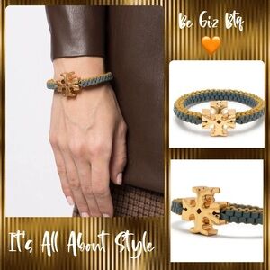 NWT Tory Burch Authentic Roxanne Goldtone & Green Yellow Leather Woven Bracelet